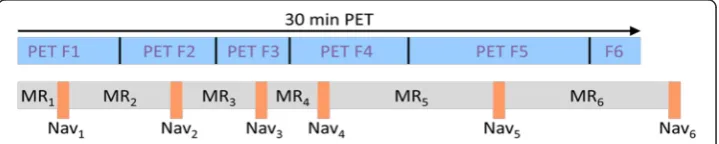 Fig. 1 Setup of the PET/MR scan protocol used in this study. The PET framing (F1–F6) was set individuallyfor each subject depending on the acquisition time of the navigators (Nav1–Nav6)