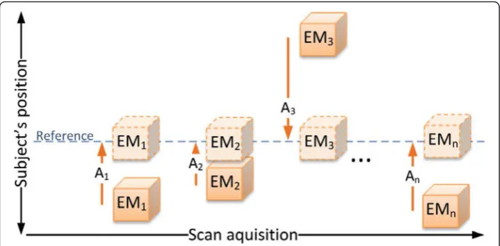 Fig. 2 The principle of frame-by-frame motion correction to a common reference. In our study, the reference isthe first PET frame (EM1) and thus there is no A1-transformation (courtesy of Oline Vinter Olesen, TechnicalUniversity of Denmark)
