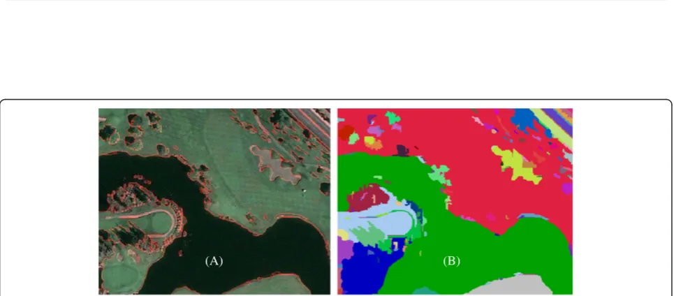 Figure 17 The segmentation result of Figure 6 using ENVI 5.0. (A) The boundaries of segmented regions are illustrated by green curves