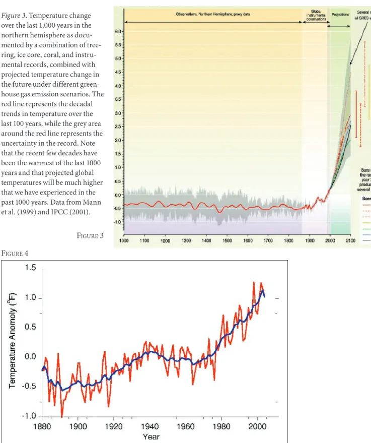 Figure 3. Temperature change  over the last 1,000 years in the  northern hemisphere as  docu-mented by a combination of  tree-ring, ice core, coral, and  instru-mental records, combined with  projected temperature change in  the future under different  gre
