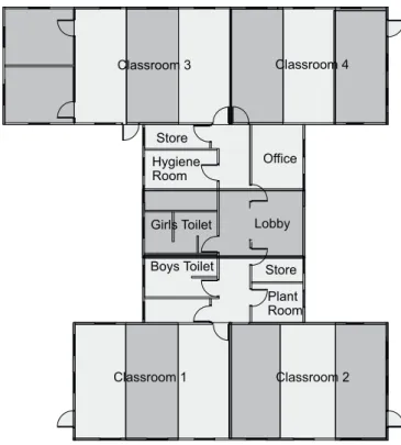 Figure 4  Layout of school building using partially and fully open  sided modules (alternate modules are shown shaded)   (Image courtesy of BW Industries)