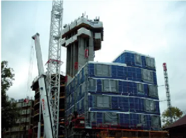 Figure 9  Installation of modules behind external steel  framework at MoHo, Manchester 