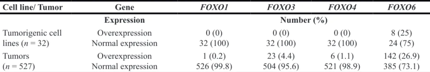 Table 1: mRNA expressions of FOXO in breast cell lines and tumors