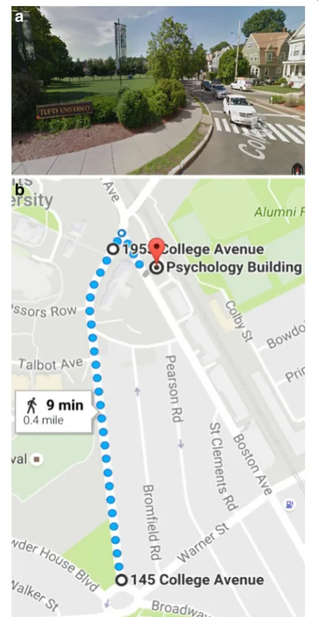 Fig. 1 aMaps, An example of route perspective display (Google Maps,2018a). b An example of survey perspective display (Google 2018b)