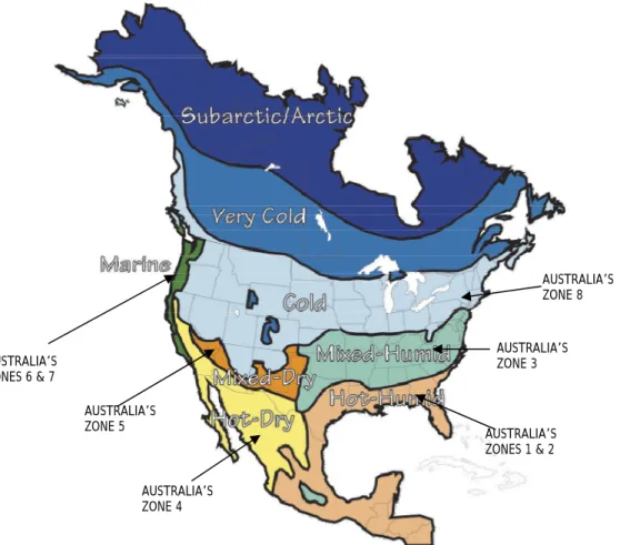Figure 2:  Map of USA Identifying Climate Zones and Nearest Equivalent Australian  Zone(s)  