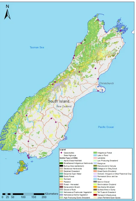 Figure 6.  The distribution of concession case studies across habitat types (LCDB4) within the conservation estate on the South Island of New Zealand (study area)