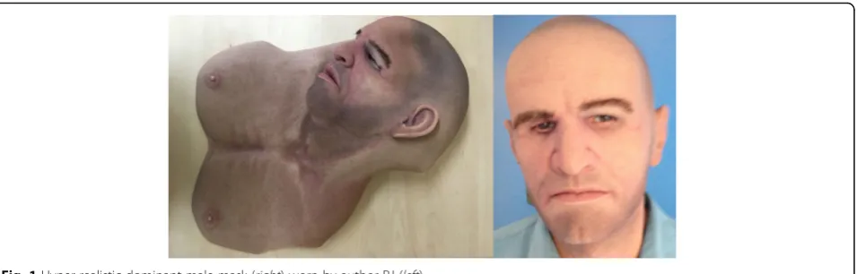 Fig. 1 Hyper-realistic dominant male mask (right) worn by author RJ (left)