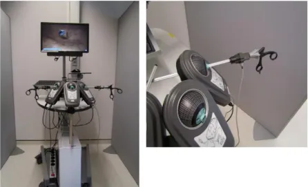 Figure 3 Set up LapSim; on the left complete simulator with LC-Display, computer and Sim-Ball Modules with instruments; on the right close up of Sim-Ball Modules with inserted instrument