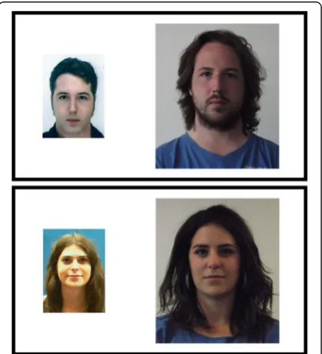 Fig. 1 Example stimuli from the face detection task, depicting a target-present (left) and target-absent (right) stimulus display