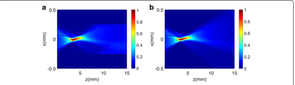 Fig. 7 Intensity along the propagated beam obtained by shearing (a) and the Radon transform (b)