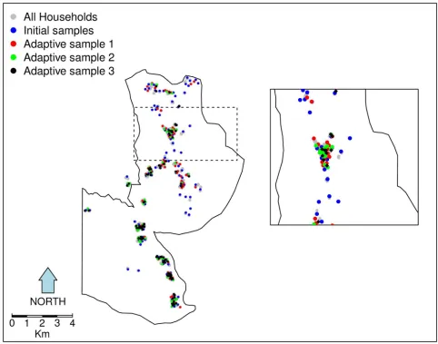 Fig 2. Adaptive sampling in practice, initial spatially inhibitory design samples augmented with adaptive design samples