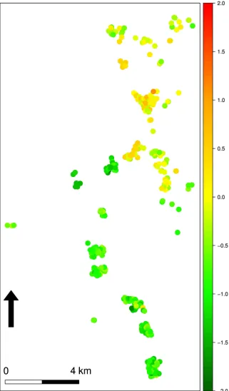 Fig 4. Unexplained spatial variation map. Contributions of the linear regression and of the unexplainedspatial variation to the predicted log-odds of malaria prevalence in children 6–59 months at each of theobserved locations in focal area B.