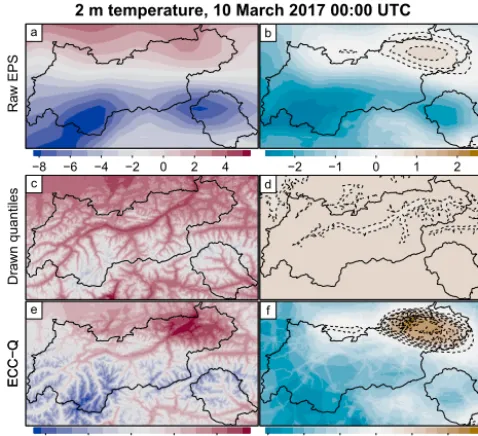 Figure 4. 2 m temperature forecasts of member 38 for 10 Marchof the corresponding ensemble (contours for positive deviation (dashed) and the borders of the gov-ernmental area of Tyrol (solid)