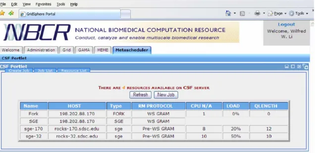Figure 2. CSFportlets enables a visual interface to accessible resources, and eliminates the  specification of specific resource for computation