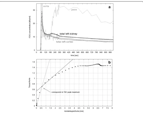 Fig. 3 a Typical smoothed left cortex (gray), left total kidney (black), and aorta (light gray) time activity curves (TACs)
