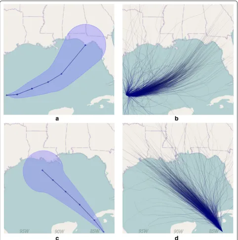 Fig. 2 Examples of the cone (a, c) and ensemble display (b, d) visualization techniques of hurricane one (a, b) and two (c, d)