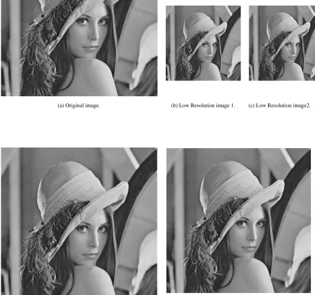 Fig. 4:(a)Original lena image. (b) low resolution lena image 1. (c) low resolution lena  image 2