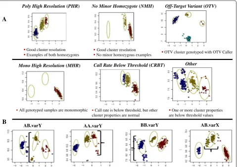 Figure 3 Six SNP quality classes (A) and four variance filters (B) applied to thevarY identified large heterozygous cluster variance in the Y dimension; AA.varY for homozygous (AA) variance in the Y dimension; BB.varY, forthe Axiom Best Practices Genotypin