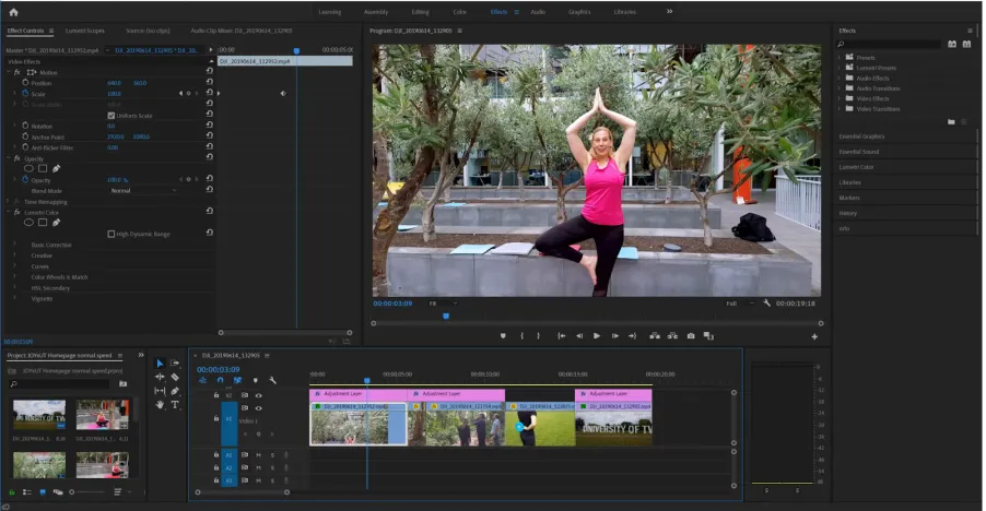 Figure 6.5. Adobe Premiere Pro CC workspace with effect controls and timeline for the photowalk edit