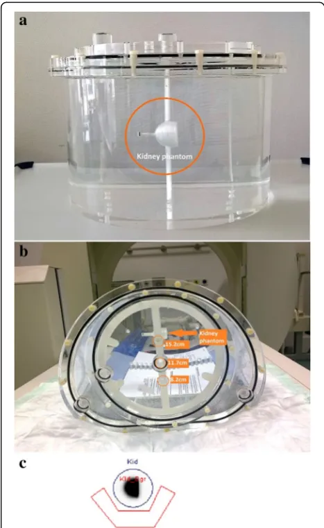 Fig. 2 Phantom experiment. a Kidney insert (newborn) mounted onthe torso-phantom. b Kidney insert mounted on the torso-phantomusing the manufactured attachment system with three different depthpositions: 8.2 cm, 11.7 cm, and 15.2 cm