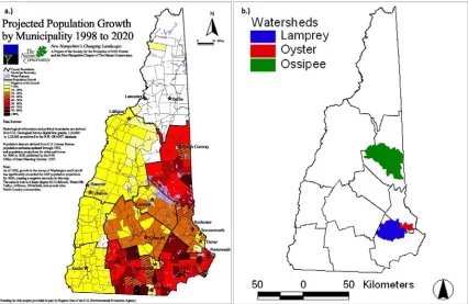 Figure 1. Projected population growth in New Hampshire (Figure from Sundquist and Stevens 1999; A) and study watersheds experiencing high population growth (B)