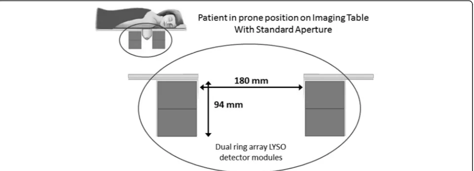 Fig. 1 Schematic diagram showing the patient position on the db-PET imaging table, with the breast pendulant in the detector field of view.Standard aperture width = 180 mm and axial field of view = 94 mm