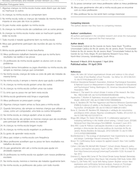 Table 3 Brazilian Portuguese items of the School Climate Survey– Revised, Elementary and Middle School Version (SCS-MS)(Continued)