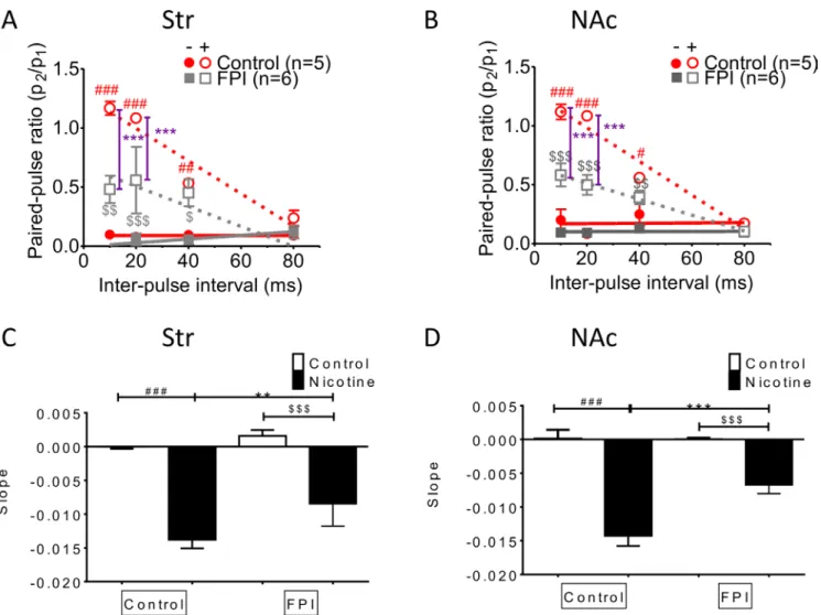 Figure 5: Nicotine desensitization–related paired-pulse facilitation at a high frequency was suppressed after FPI