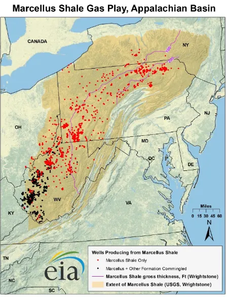 Figure 2.2. Map of Marcellus shale play in the Appalachian Basin. Image from the EIA.  