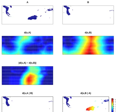 Figure 3. Top row: two binary images with dark blue showing event areas in A and B, respectively