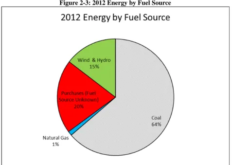 Figure 2-3 shows the current energy contribution by fuel category for the year 2012. Figure 2-4 shows the  expected energy contribution by fuel category for the preferred plan for the year 2028