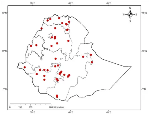 Fig. 1 Map of Ethiopia indicating the approximate location of the study sites referred to in this review as compiled from the literature