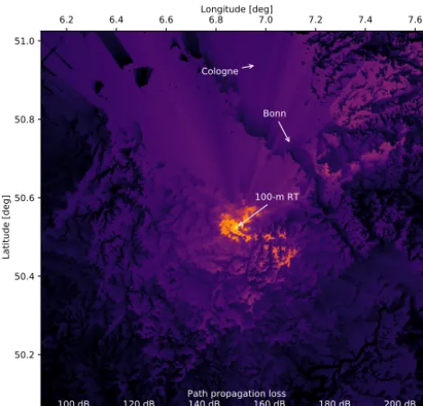 Figure 3.8lon_rt = 6.88361 * u.deg9 Example map of path propagation losses around theEffelsberg observatory