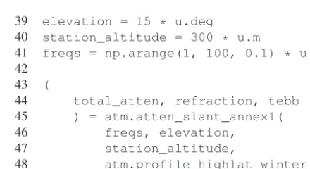 Figure 5. Standard atmospheric height proﬁles (temperature, pres-sure, and water density) according to ITU-R Rec