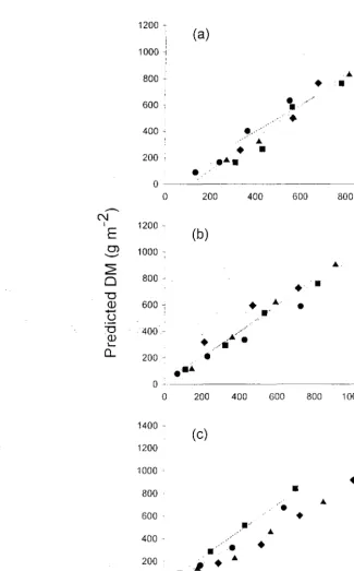 Figure 4.4. Observed versus predicted crop dry matter (OM) lIccul11ulation for three 