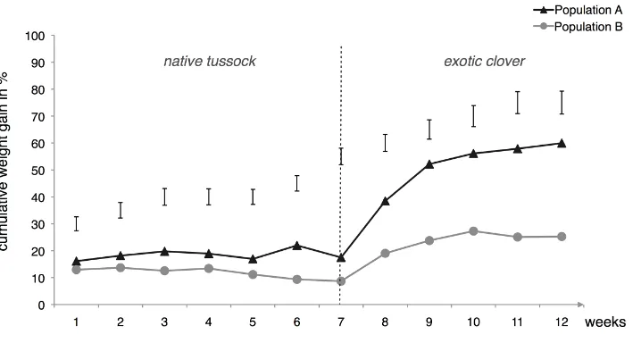 Figure 2 Cumulative weight gain of two populations of Costelytra zealandica larvae following12 weeks of artificial host-shift feeding treatment, where larvae were fed for 7 weeks on tussock and5 weeks on clover