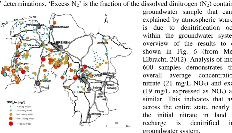 Fig. 6: Excess N2 concentrations (expressed as mg/L NO3) in groundwater samples from Lower Saxony, Germany (from Meyer & Elbracht, 2012)