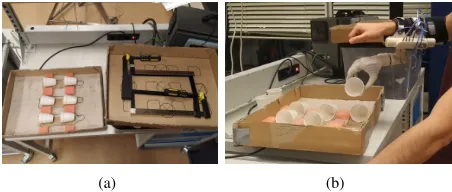 Fig. 8. Setup for functional task. Subject wore the prosthetic hand and movedcups from the box on the table to a higher positioned box.