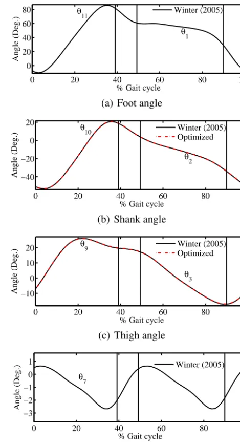 Figure 4. Sagittal plane kinematic data for full gait cycle (toe-oﬀtoe-oﬀ) (Winter, 2005)