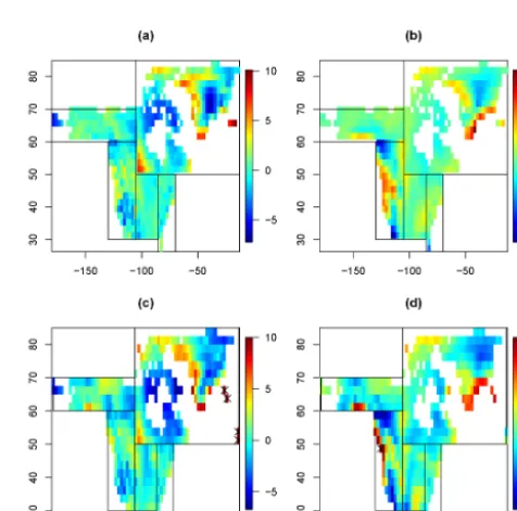 Figure 5. Mean ﬁltering coefﬁcients by region number (land regions only) for temperature intercept (a) JJA and (b) DJF, precipitationintercept (c) JJA and (d) DJF