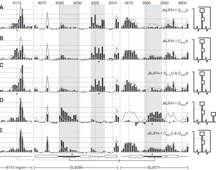 Figure 4. SHAPE analysis of mutagenized J6/JFH-1 templates. ((graph. The shaded background bars represent the proposed unpaired nucleotides in SL9266 and SL9571 stem–loops