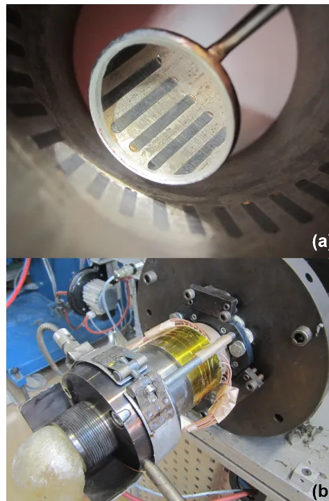 Figure 1. View on the delay lines of the US transducers inside ofthe USPT adapter (top) and USPT adapter (wrapped in yellow poly-imide tape) mounted between gradient tool and shaping nozzle ofthe used extrusion line (bottom).
