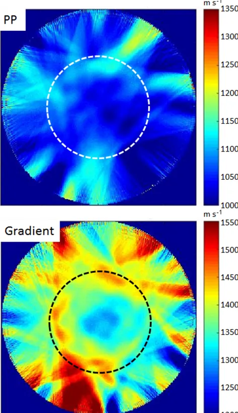 Figure 10. Reconstruction of the experimentally determined soundvelocity of pure (top) as well as ﬁlled PP melts with radial ﬁllergradient