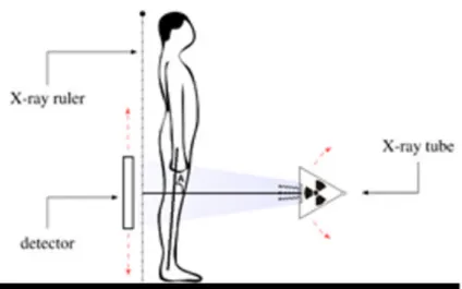 Figure	6:	Graphical	representation	of	the	radiography	system,	with	the	tilting	X-ray	beam	source,	X-ray	ruler	and	 moving	detector