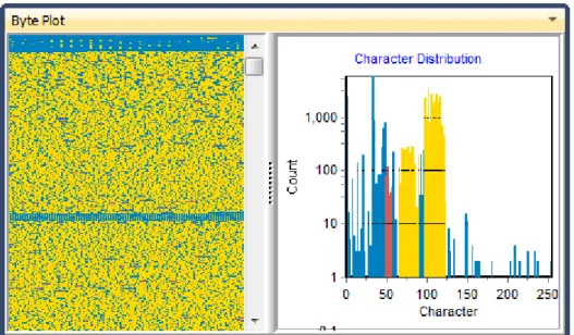 Figure 71 shows a Byte Plot and Character Distribution for a JPG digital photograph. 