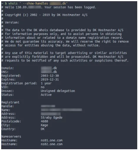 Figure 2. An example of some WHOIS output from a Danishdomain. The personal data has been blurred to protect theperson’s privacy.