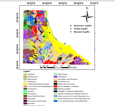 Fig. 3 Geologic map of the study area, Conoco map (1987), showing the locations of the wells from the three studied aquifers