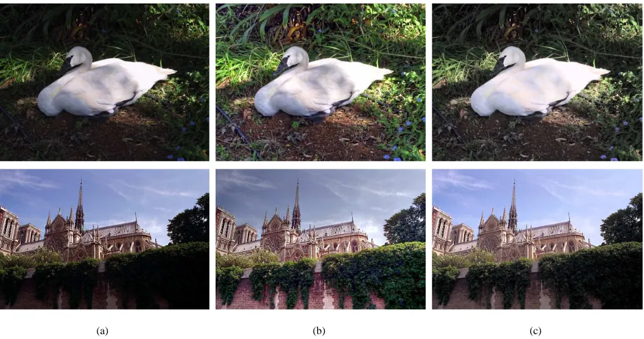 Fig. 14.High dynamic range compression results. (a) Original image. Processed image obtained using: (b) [27]; and (c) proposed algorithm.