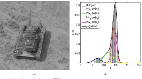 Fig. 1.(a) A grey-level image; and (b) its histogram and GMM ﬁt.