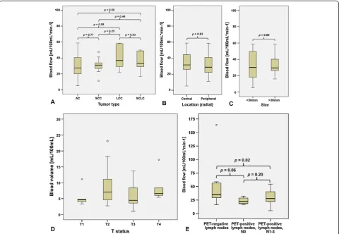 Figure 2 Boxplots of CTP parameters, clinical tumor parameters, and 18F-FDG-PET/CT parameters
